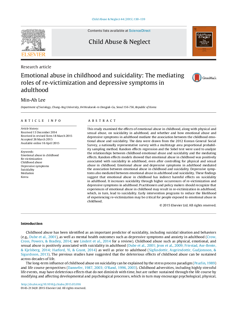 Emotional abuse in childhood and suicidality: The mediating roles of re-victimization and depressive symptoms in adulthood