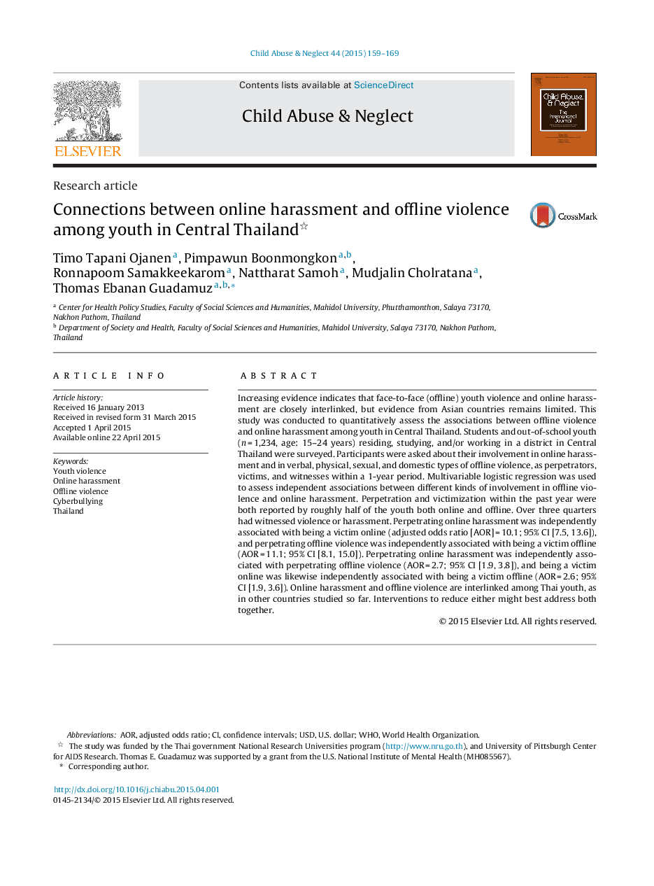 Connections between online harassment and offline violence among youth in Central Thailand 