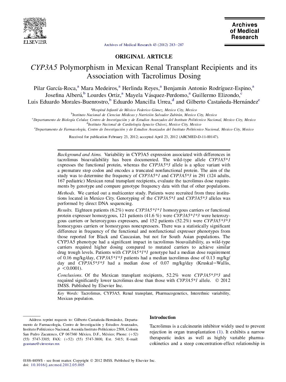 CYP3A5 Polymorphism in Mexican Renal Transplant Recipients and its Association with Tacrolimus Dosing