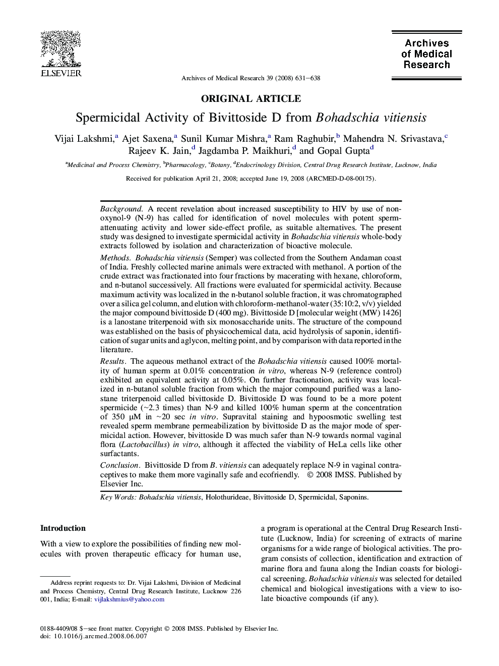 Spermicidal Activity of Bivittoside D from Bohadschia vitiensis