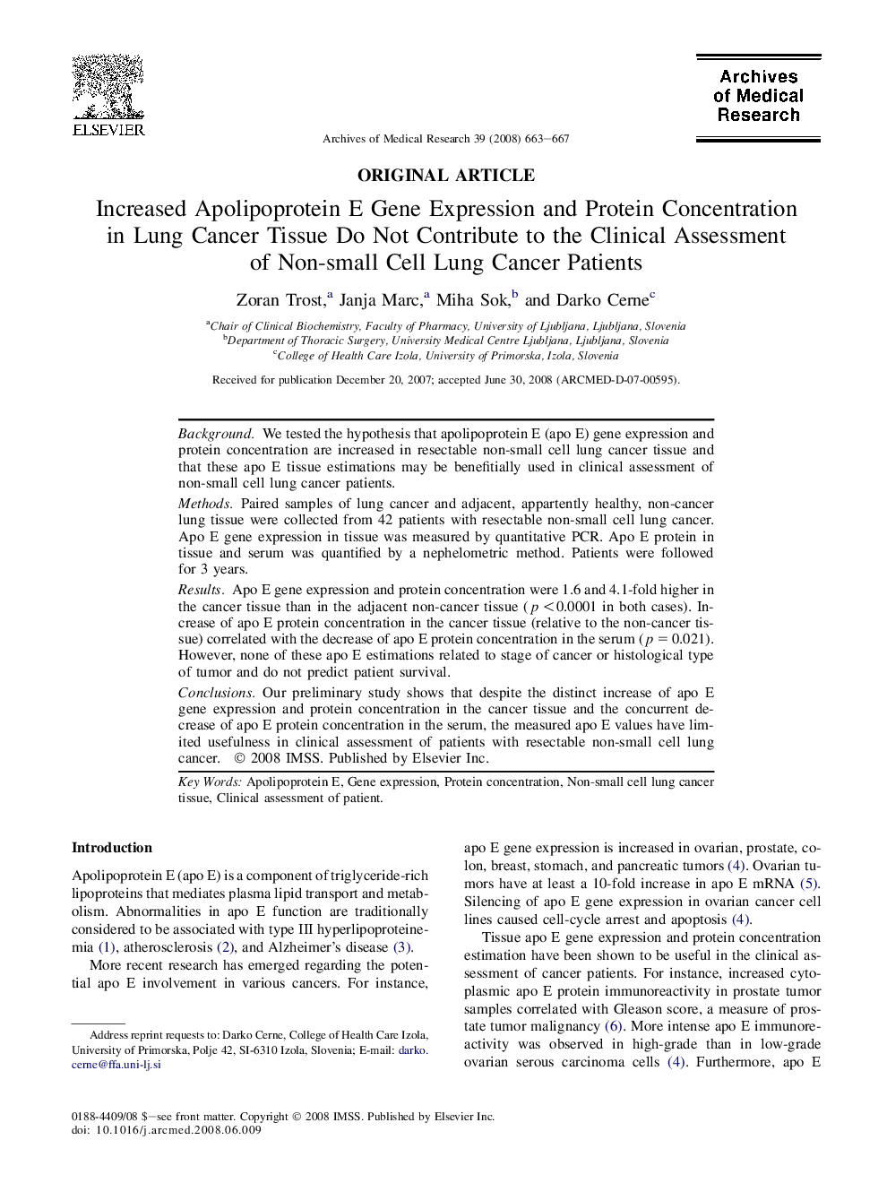 Increased Apolipoprotein E Gene Expression and Protein Concentration in Lung Cancer Tissue Do Not Contribute to the Clinical Assessment of Non-small Cell Lung Cancer Patients