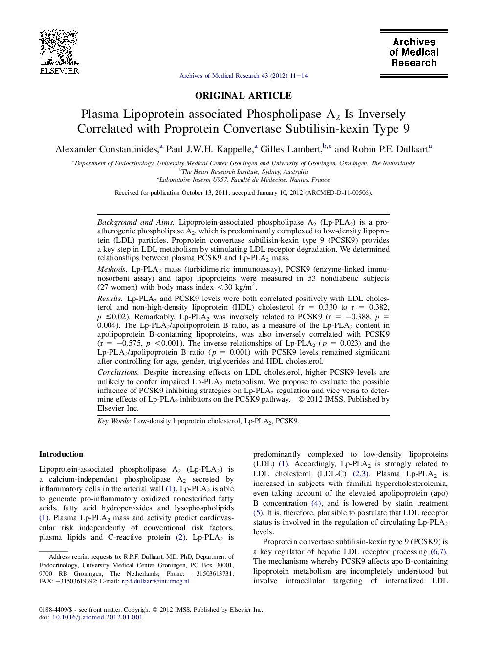 Plasma Lipoprotein-associated Phospholipase A2 Is Inversely Correlated with Proprotein Convertase Subtilisin-kexin Type 9