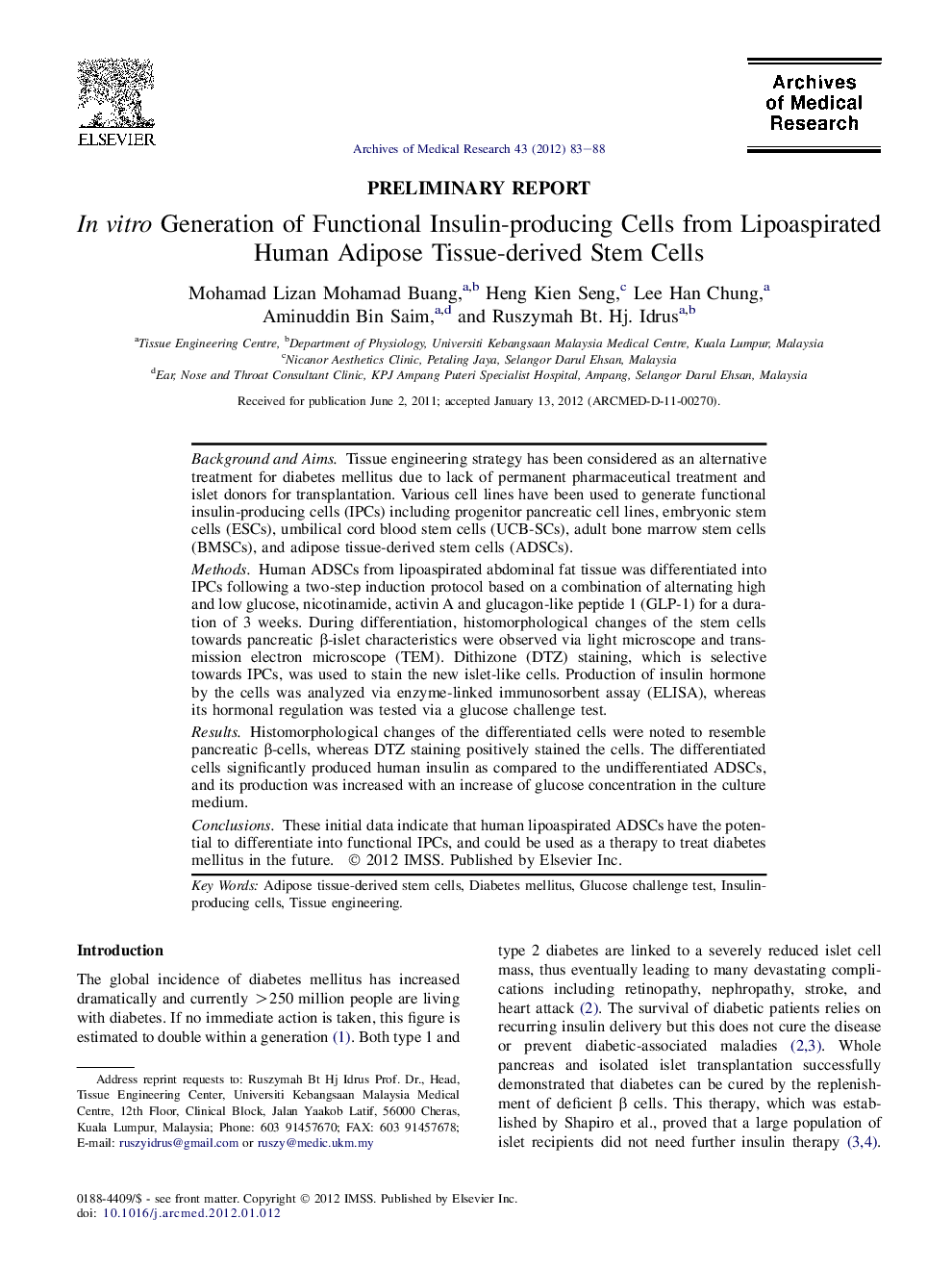 In vitro Generation of Functional Insulin-producing Cells from Lipoaspirated Human Adipose Tissue-derived Stem Cells