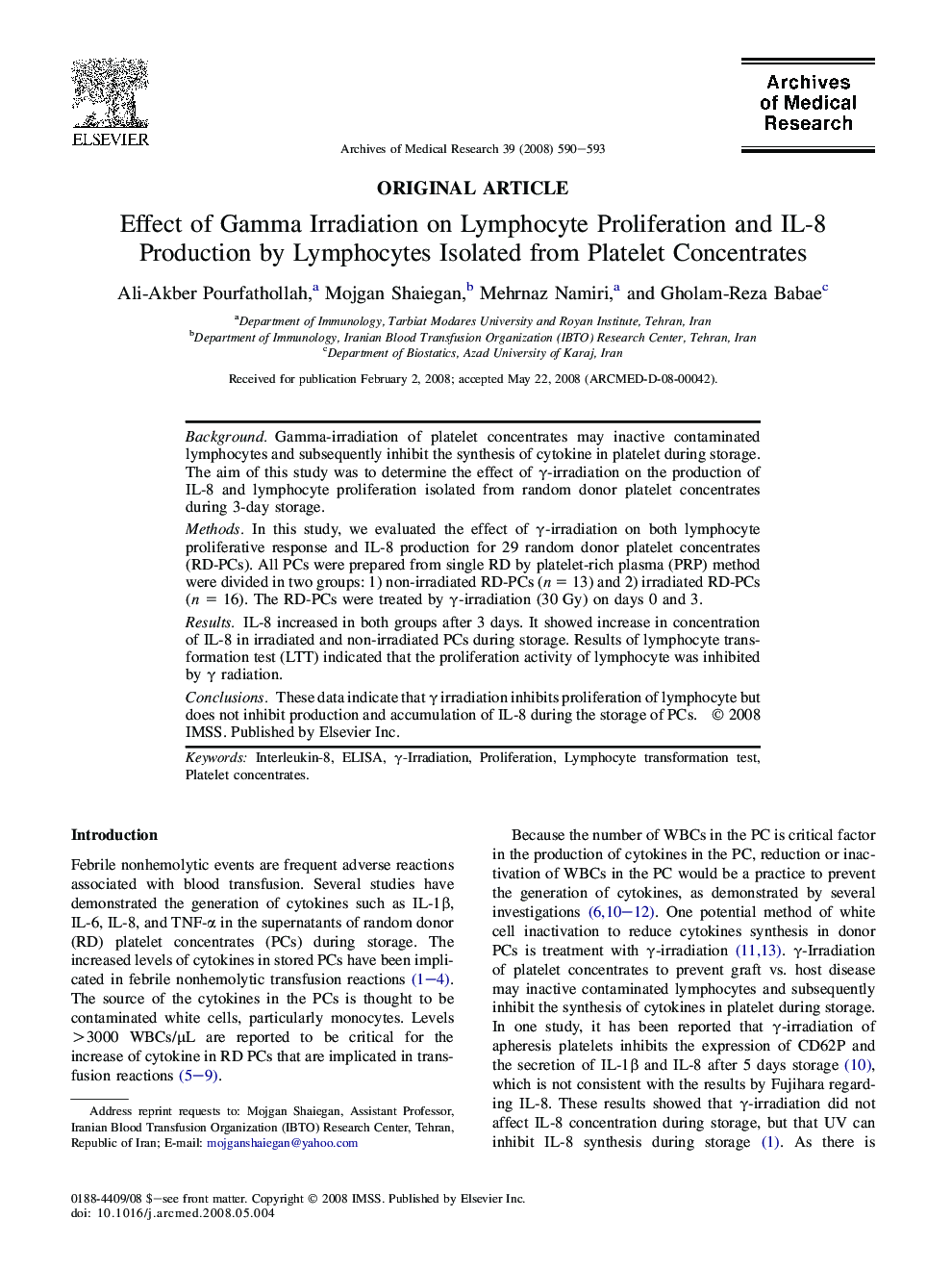 Effect of Gamma Irradiation on Lymphocyte Proliferation and IL-8 Production by Lymphocytes Isolated from Platelet Concentrates