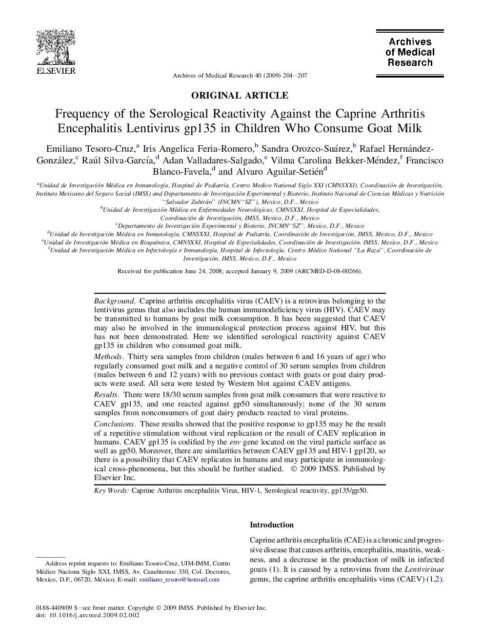 Frequency of the Serological Reactivity Against the Caprine Arthritis Encephalitis Lentivirus gp135 in Children Who Consume Goat Milk