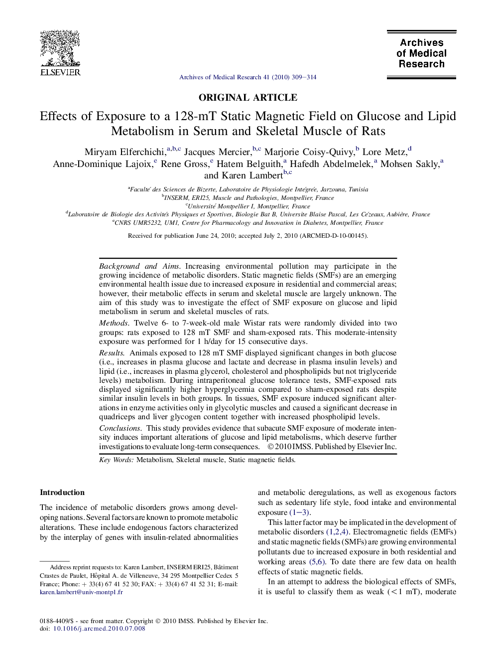 Effects of Exposure to a 128-mT Static Magnetic Field on Glucose and Lipid Metabolism in Serum and Skeletal Muscle of Rats