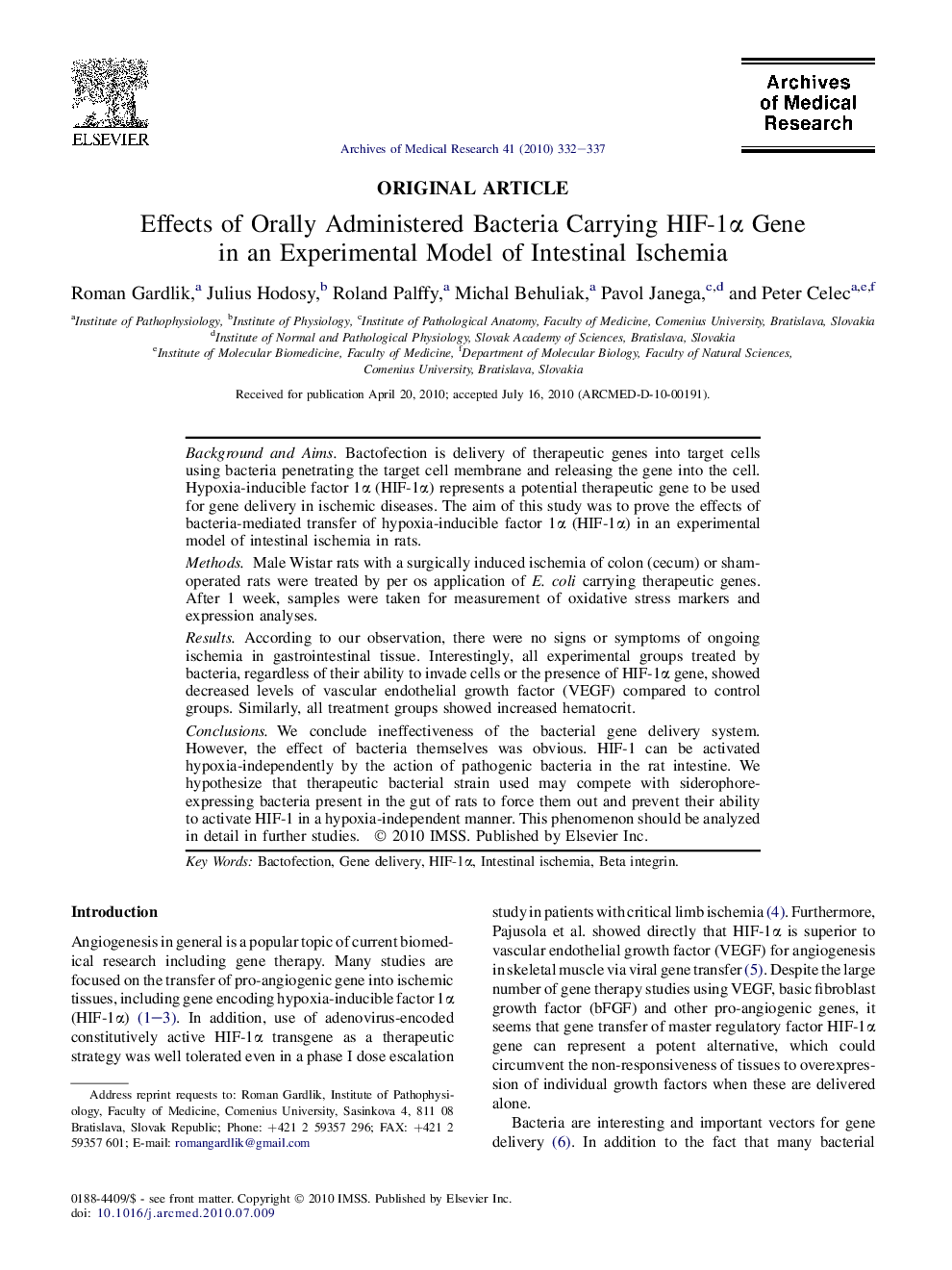 Effects of Orally Administered Bacteria Carrying HIF-1α Gene in an Experimental Model of Intestinal Ischemia