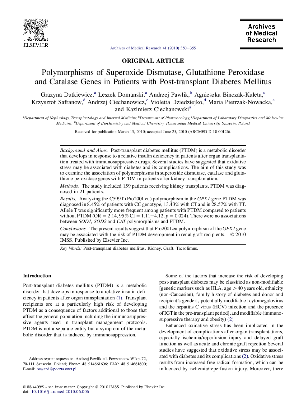 Polymorphisms of Superoxide Dismutase, Glutathione Peroxidase and Catalase Genes in Patients with Post-transplant Diabetes Mellitus