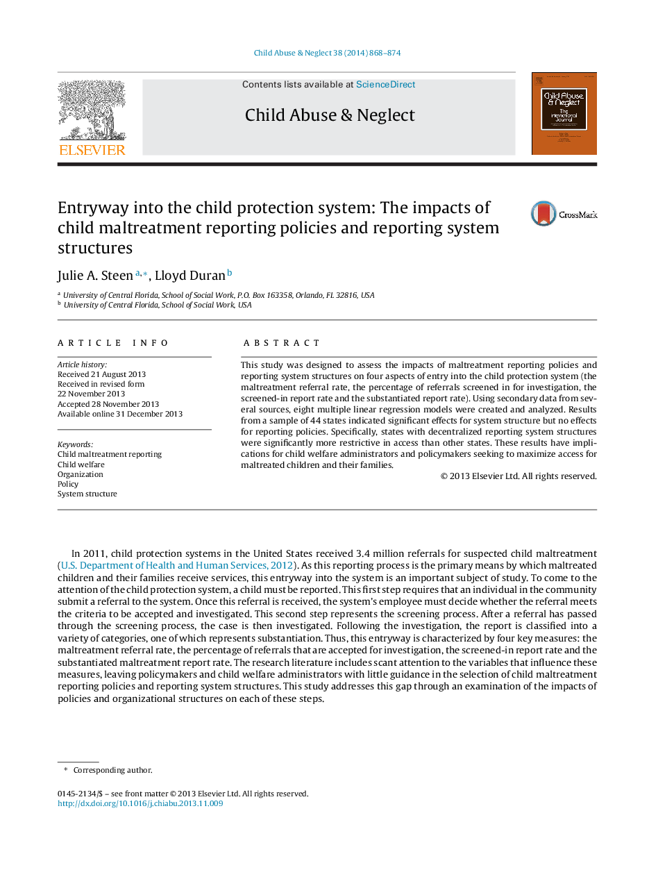 Entryway into the child protection system: The impacts of child maltreatment reporting policies and reporting system structures