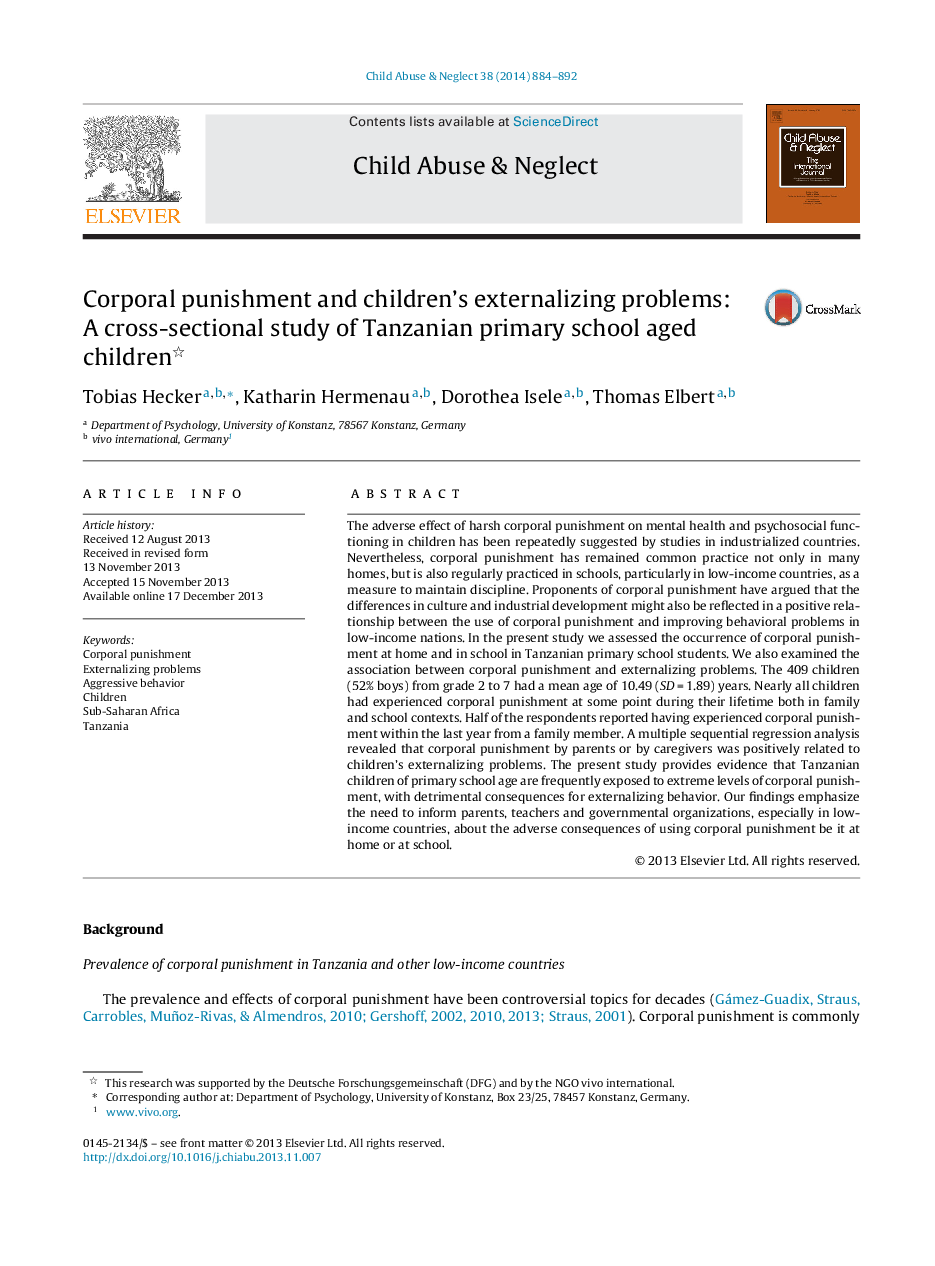 Corporal punishment and children's externalizing problems: A cross-sectional study of Tanzanian primary school aged children 