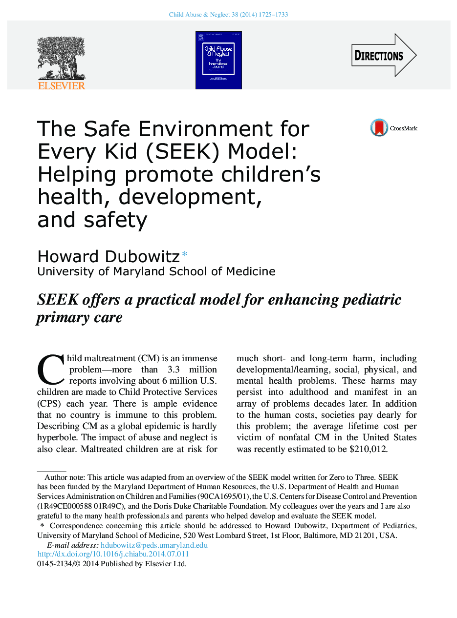 The Safe Environment for Every Kid (SEEK) Model: Helping promote children's health, development, and safety