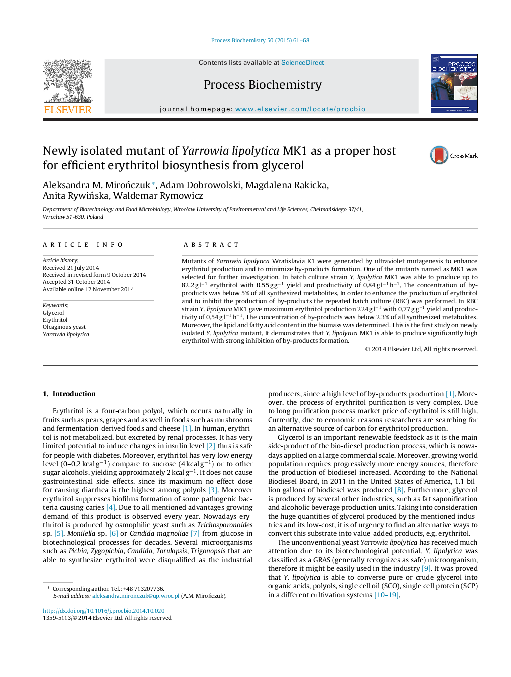 Newly isolated mutant of Yarrowia lipolytica MK1 as a proper host for efficient erythritol biosynthesis from glycerol