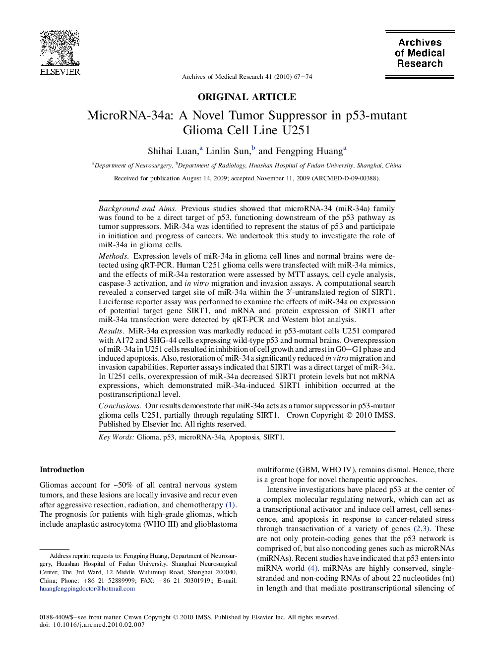 MicroRNA-34a: A Novel Tumor Suppressor in p53-mutant Glioma Cell Line U251