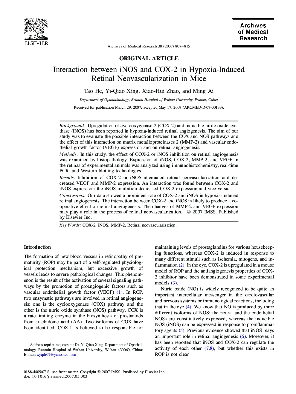 Interaction between iNOS and COX-2 in Hypoxia-Induced Retinal Neovascularization in Mice