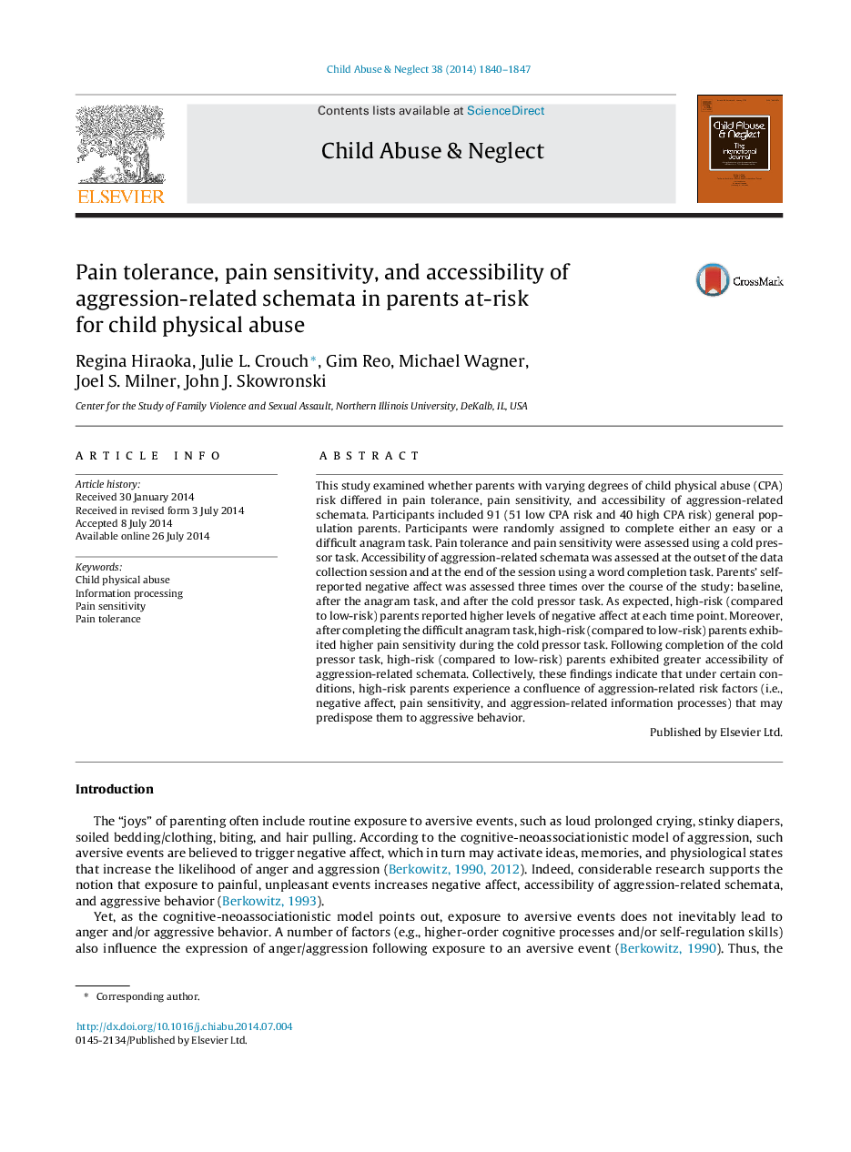 Pain tolerance, pain sensitivity, and accessibility of aggression-related schemata in parents at-risk for child physical abuse