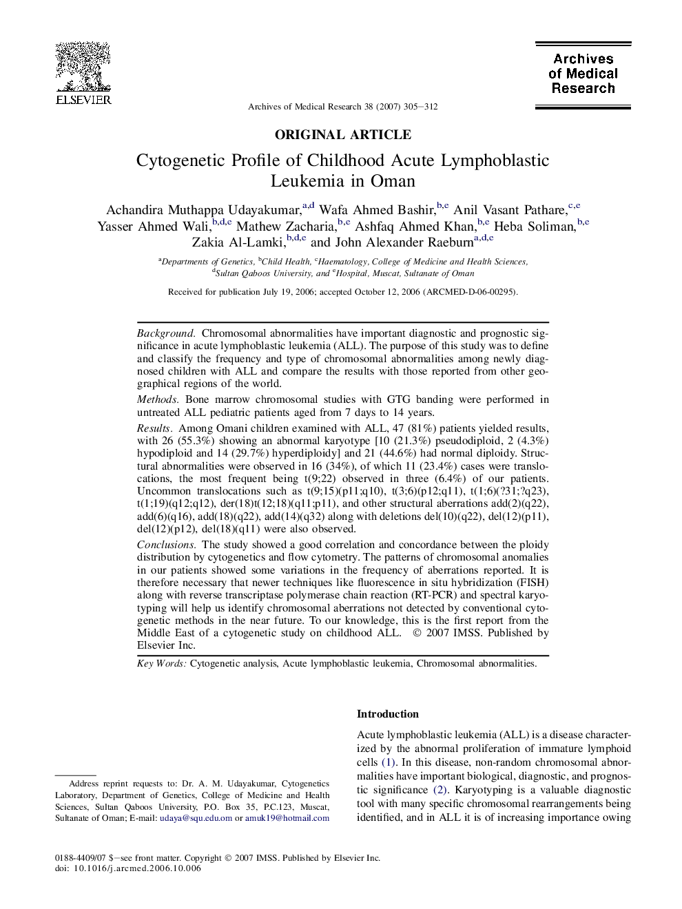 Cytogenetic Profile of Childhood Acute Lymphoblastic Leukemia in Oman