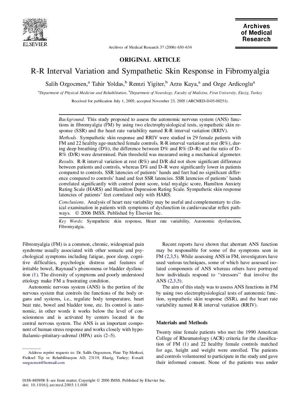 R-R Interval Variation and Sympathetic Skin Response in Fibromyalgia