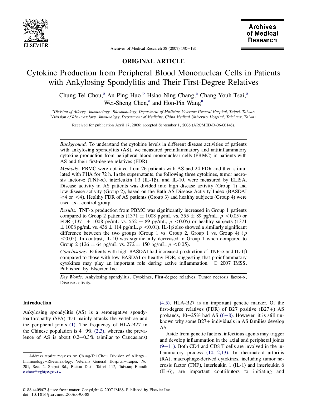 Cytokine Production from Peripheral Blood Mononuclear Cells in Patients with Ankylosing Spondylitis and Their First-Degree Relatives