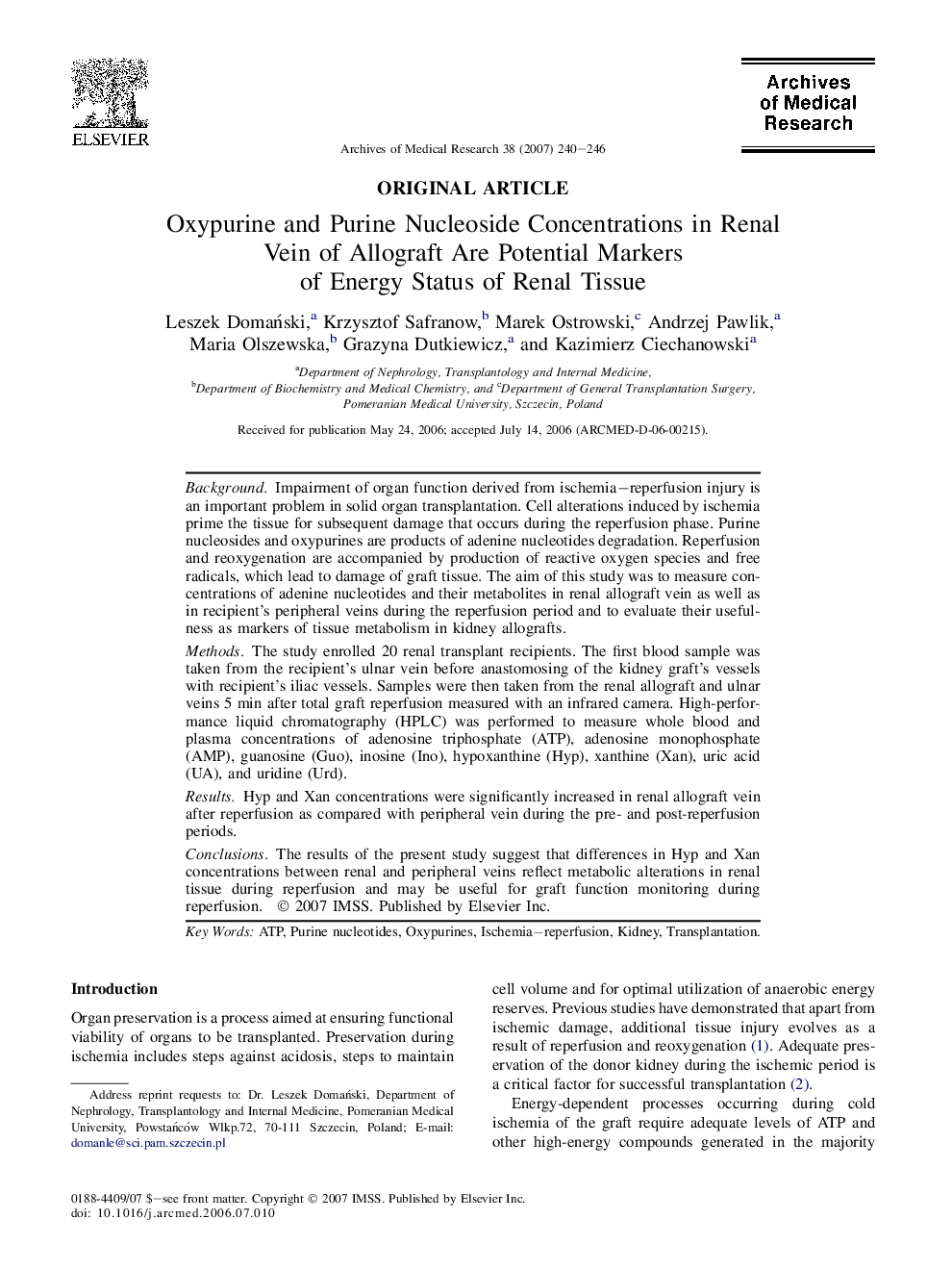 Oxypurine and Purine Nucleoside Concentrations in Renal Vein of Allograft Are Potential Markers of Energy Status of Renal Tissue