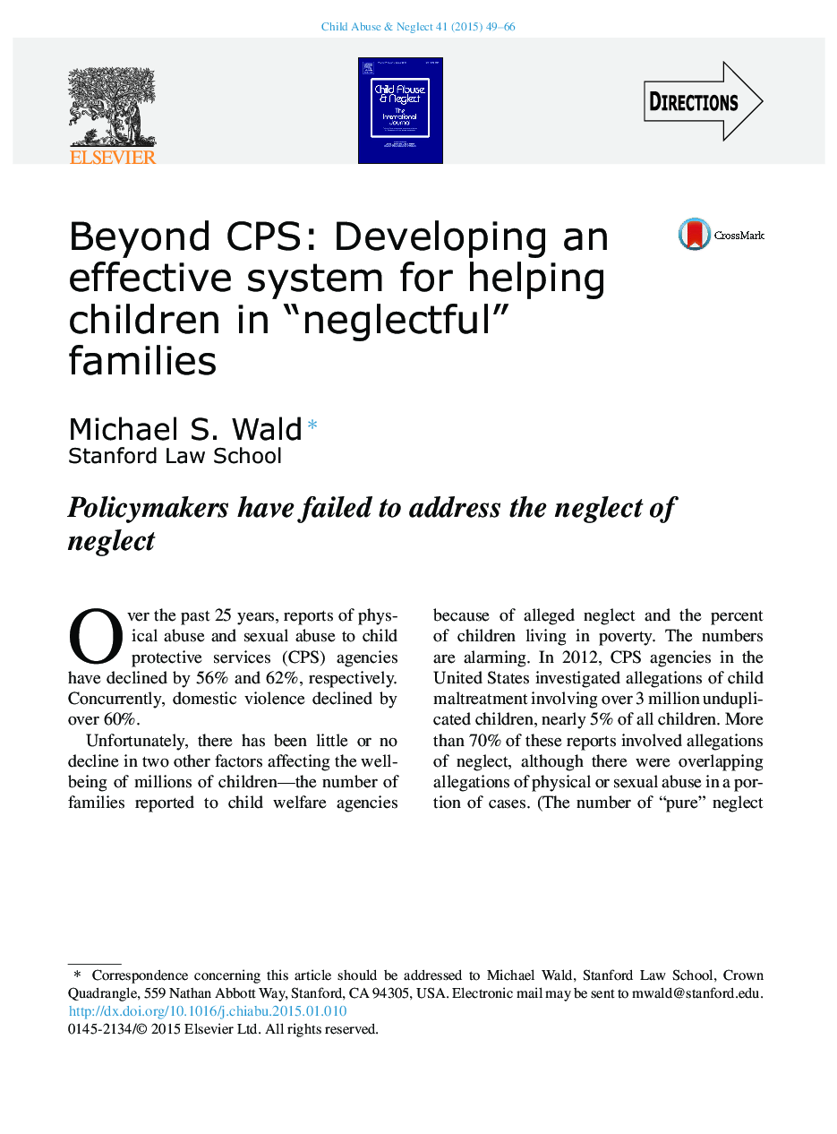 Beyond CPS: Developing an effective system for helping children in “neglectful” families