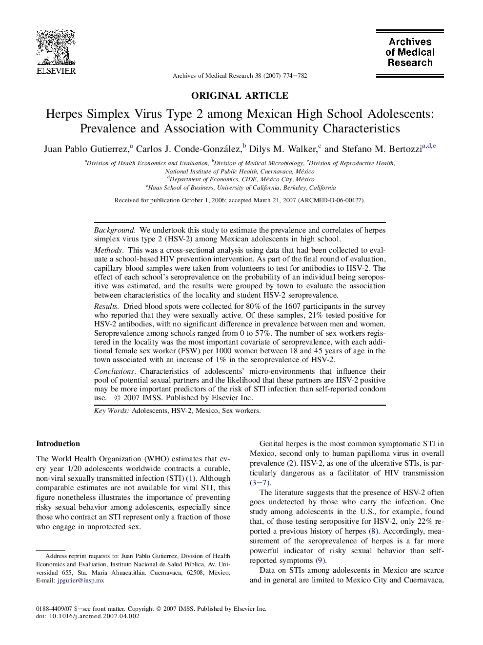 Herpes Simplex Virus Type 2 among Mexican High School Adolescents: Prevalence and Association with Community Characteristics