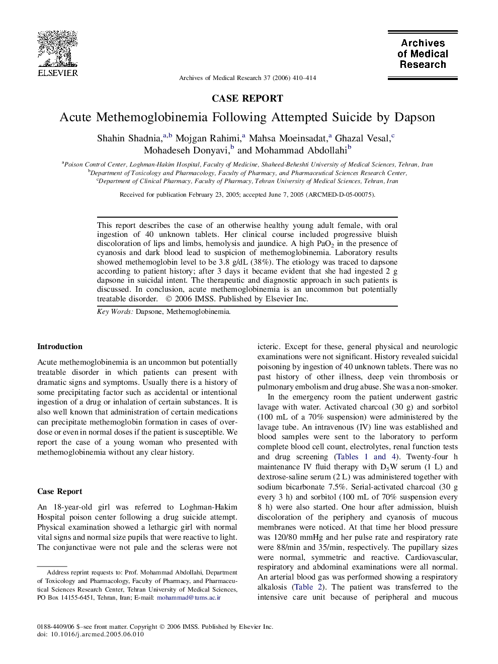 Acute Methemoglobinemia Following Attempted Suicide by Dapson