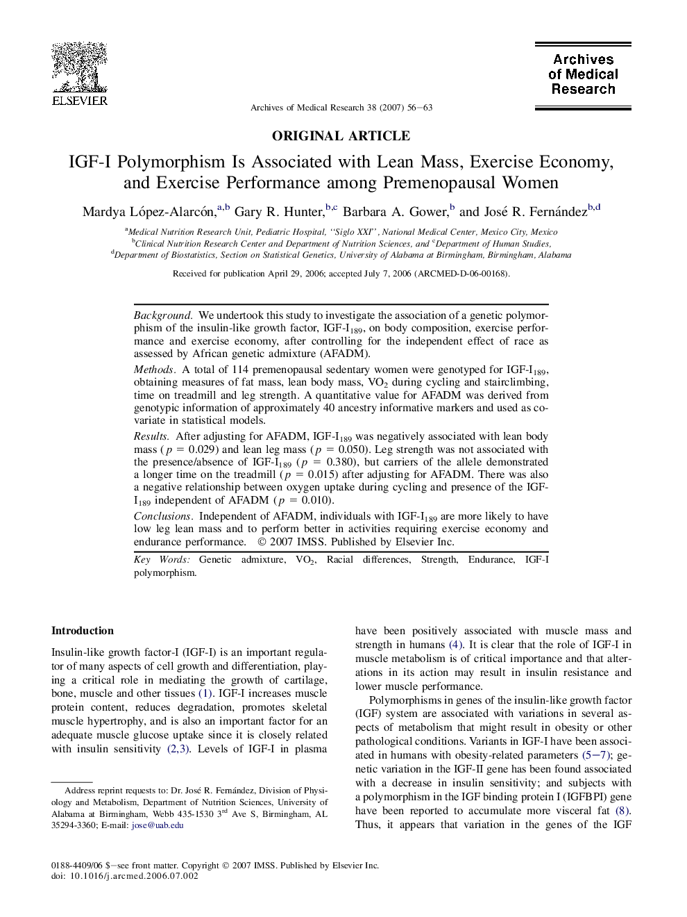 IGF-I Polymorphism Is Associated with Lean Mass, Exercise Economy, and Exercise Performance among Premenopausal Women