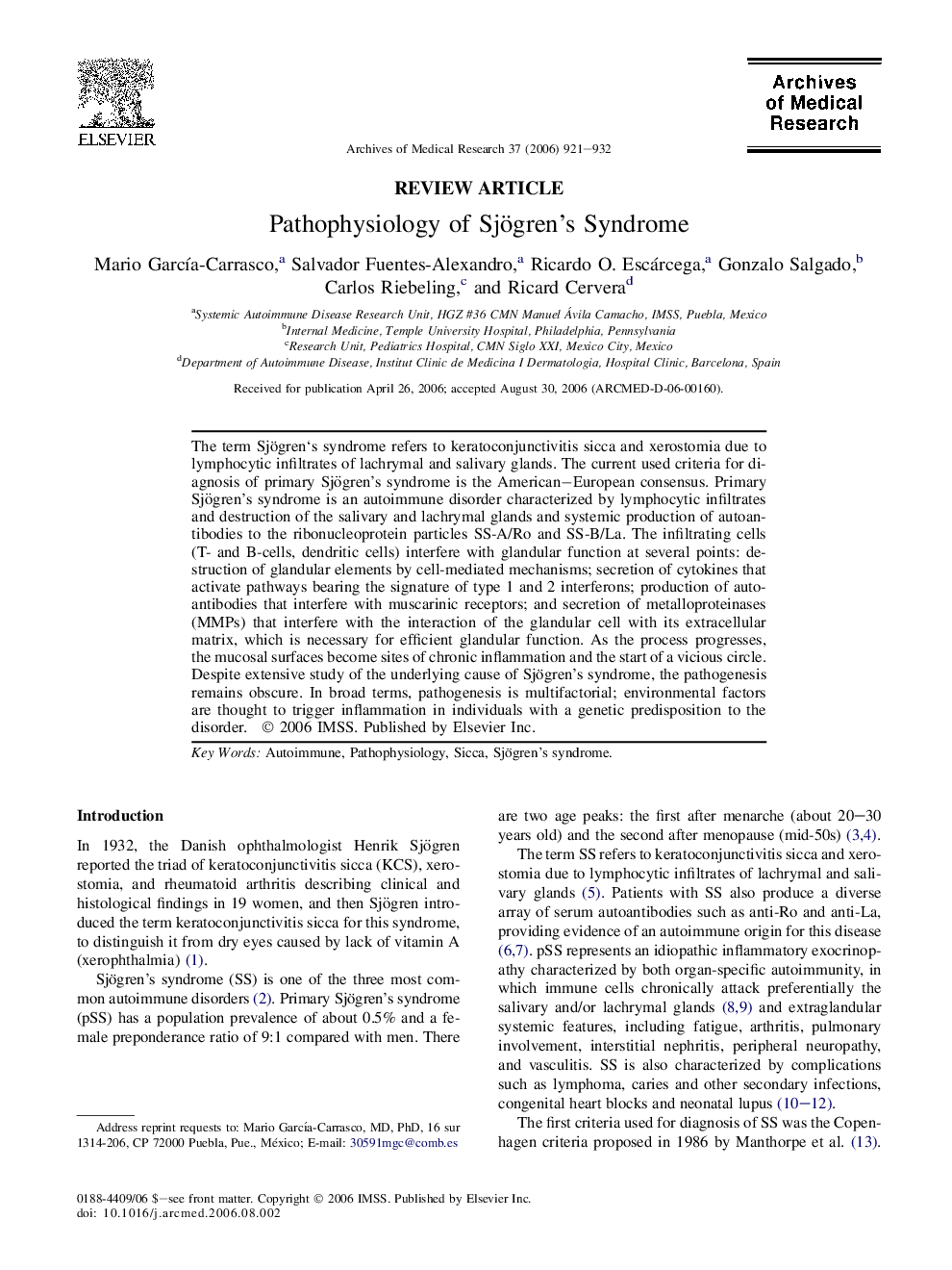 Pathophysiology of Sjögren's Syndrome