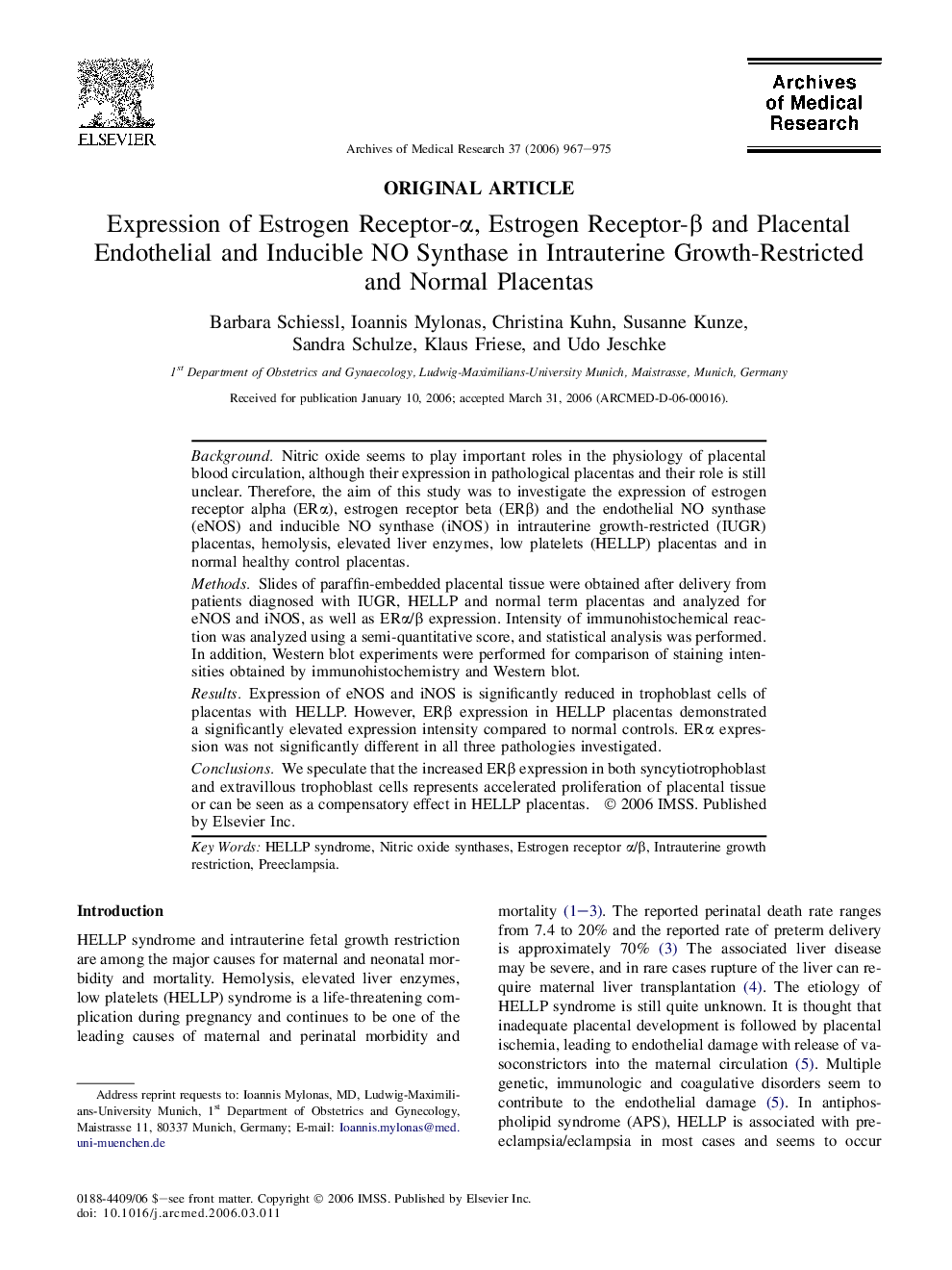 Expression of Estrogen Receptor-α, Estrogen Receptor-β and Placental Endothelial and Inducible NO Synthase in Intrauterine Growth-Restricted and Normal Placentas