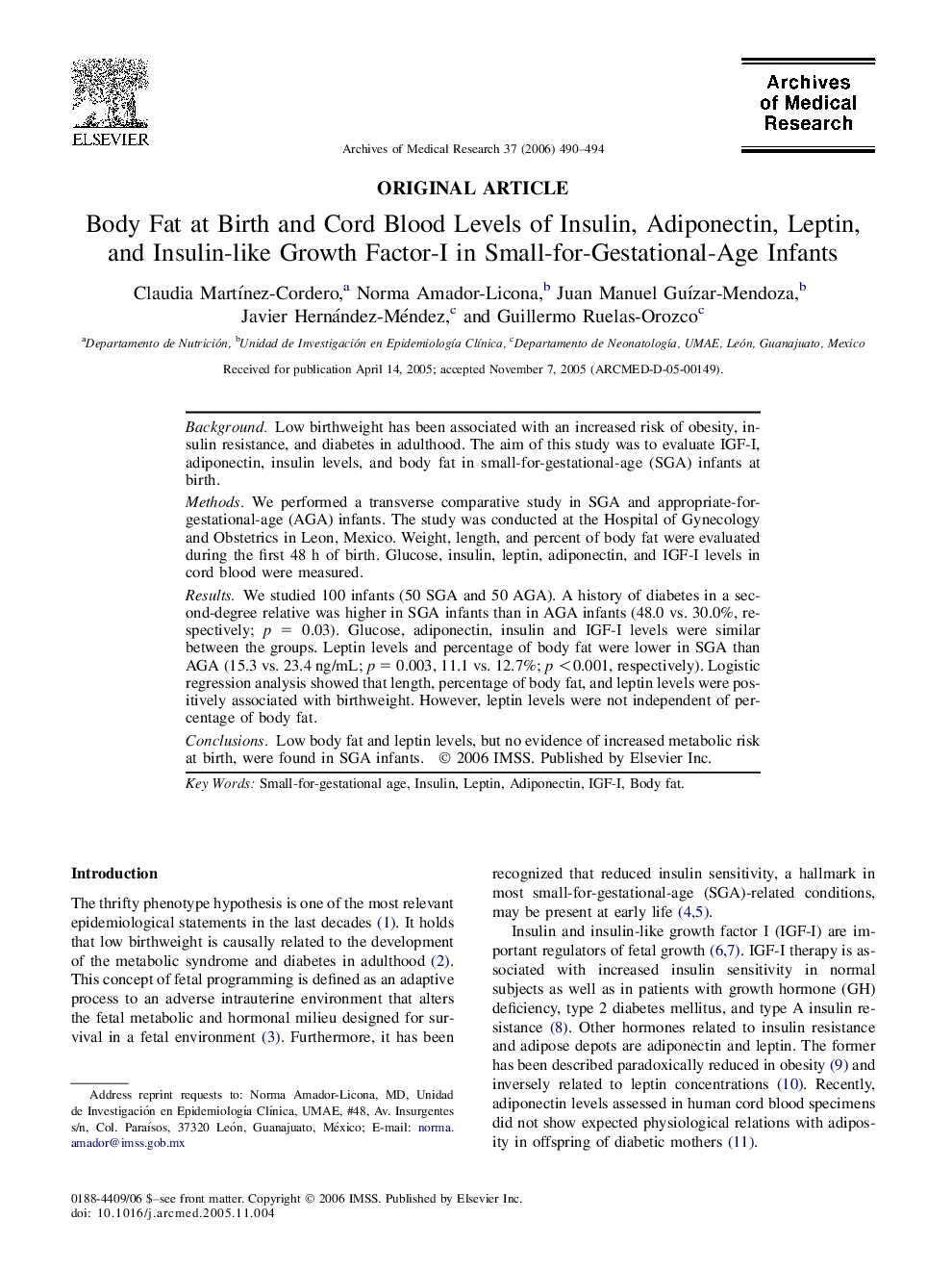 Body Fat at Birth and Cord Blood Levels of Insulin, Adiponectin, Leptin, and Insulin-like Growth Factor-I in Small-for-Gestational-Age Infants