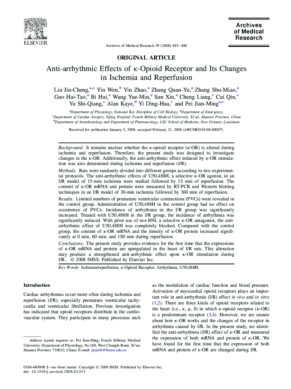 Anti-arrhythmic Effects of κ-Opioid Receptor and Its Changes in Ischemia and Reperfusion