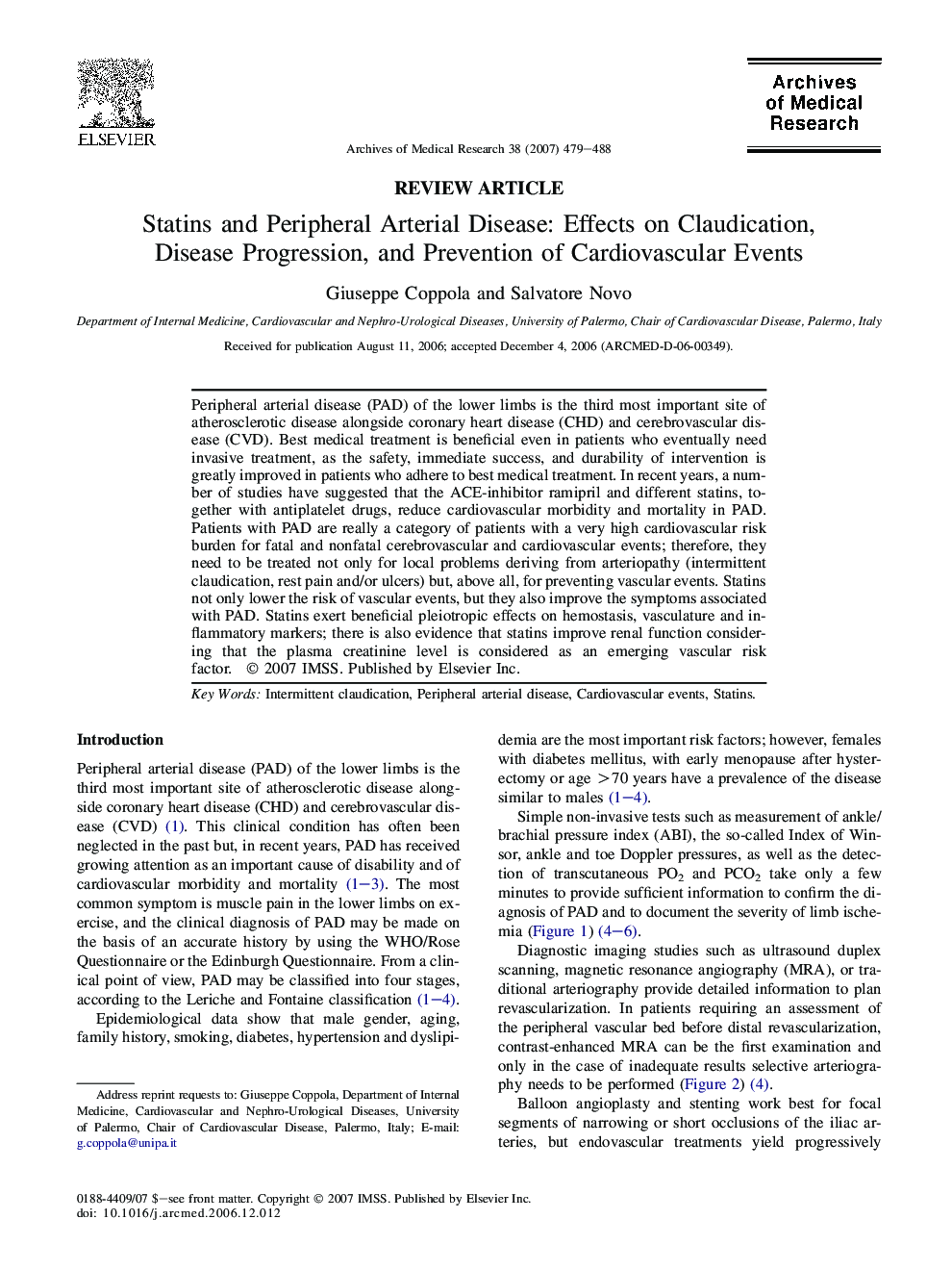 Statins and Peripheral Arterial Disease: Effects on Claudication, Disease Progression, and Prevention of Cardiovascular Events