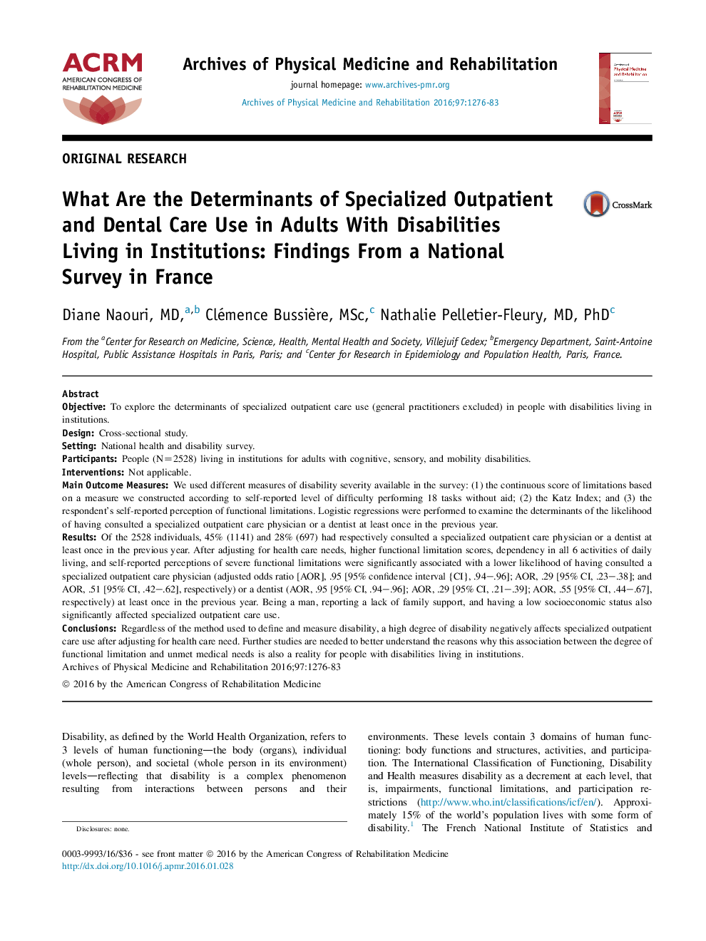 What Are the Determinants of Specialized Outpatient and Dental Care Use in Adults With Disabilities Living in Institutions: Findings From a National Survey in France 