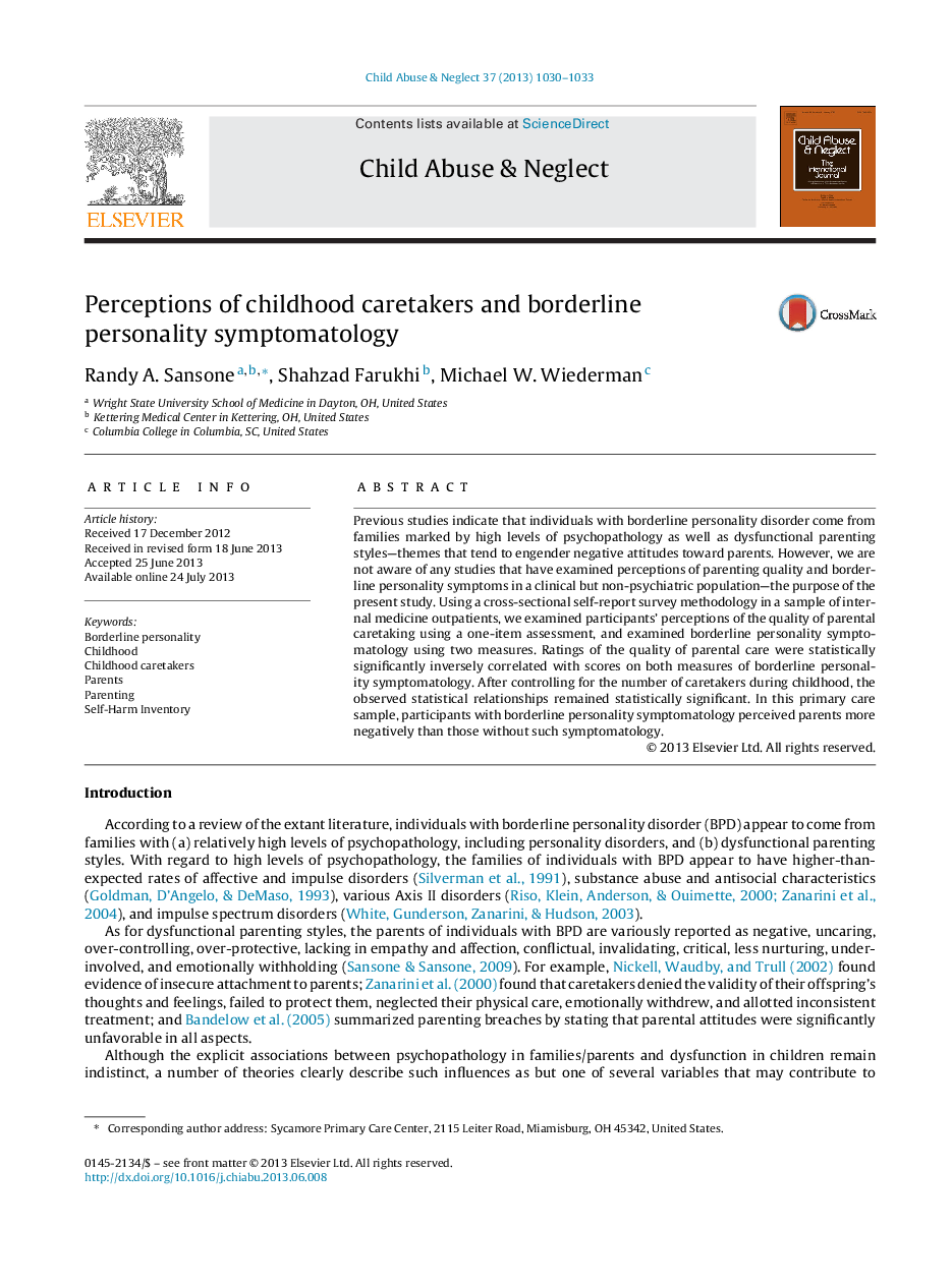 Perceptions of childhood caretakers and borderline personality symptomatology