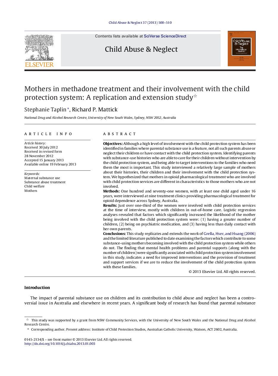 Mothers in methadone treatment and their involvement with the child protection system: A replication and extension study 