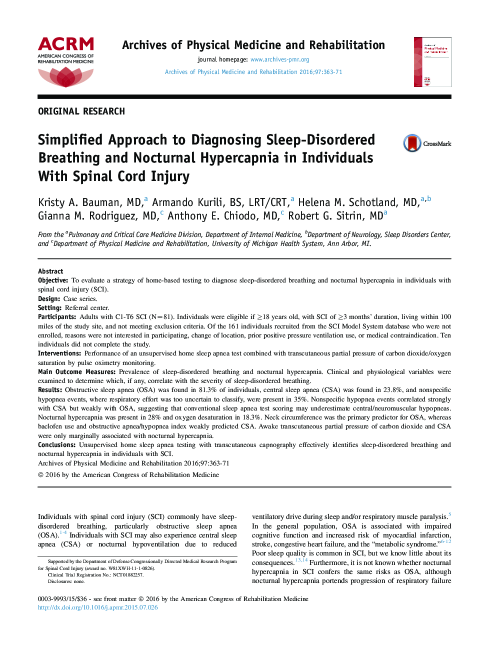 Simplified Approach to Diagnosing Sleep-Disordered Breathing and Nocturnal Hypercapnia in Individuals With Spinal Cord Injury 
