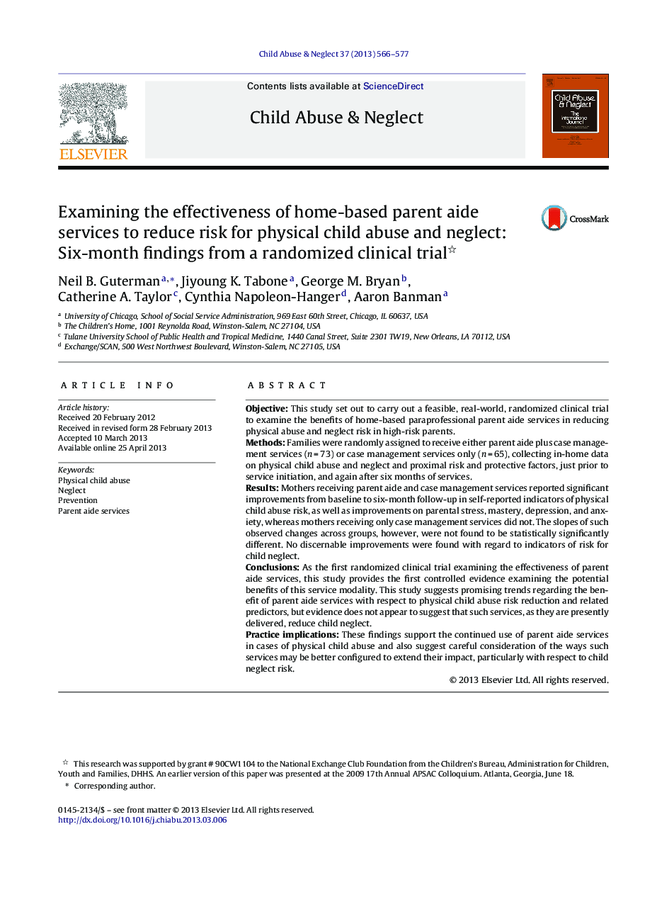 Examining the effectiveness of home-based parent aide services to reduce risk for physical child abuse and neglect: Six-month findings from a randomized clinical trial 