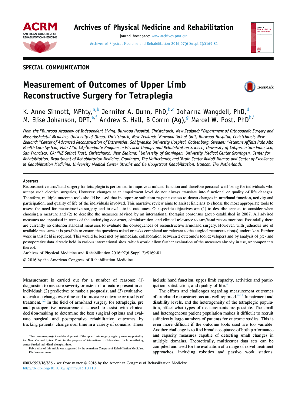 Measurement of Outcomes of Upper Limb Reconstructive Surgery for Tetraplegia 