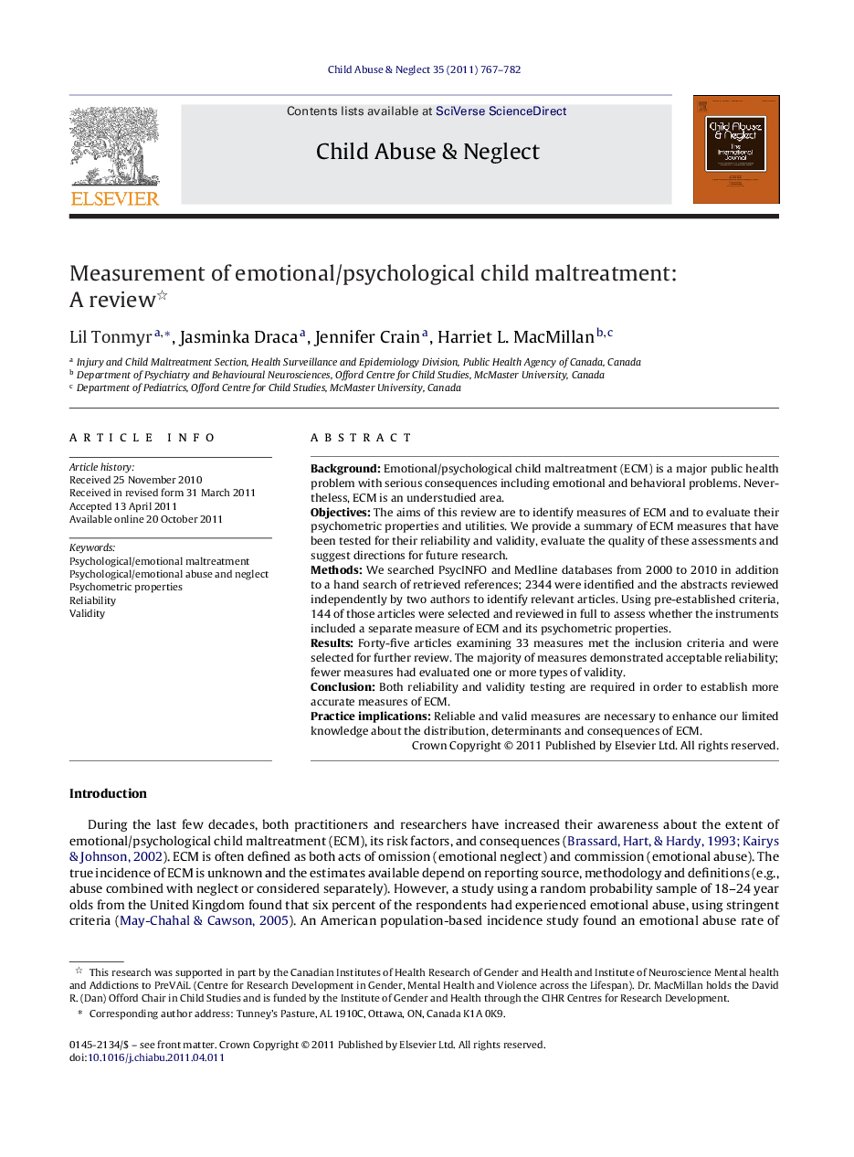 Measurement of emotional/psychological child maltreatment: A review 