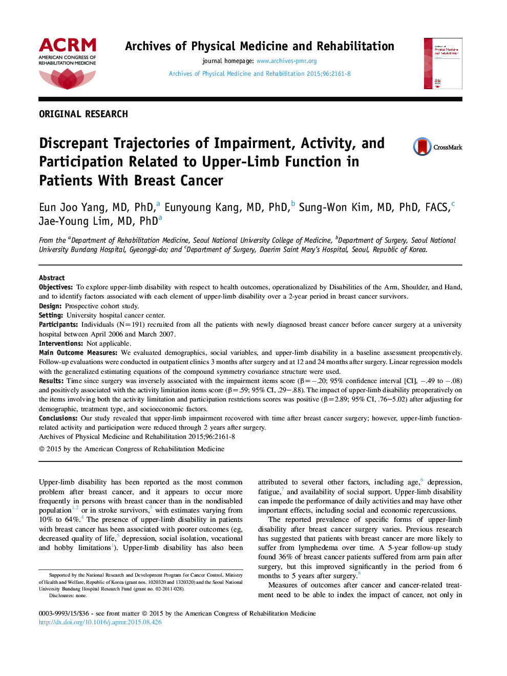 Discrepant Trajectories of Impairment, Activity, and Participation Related to Upper-Limb Function in Patients With Breast Cancer 