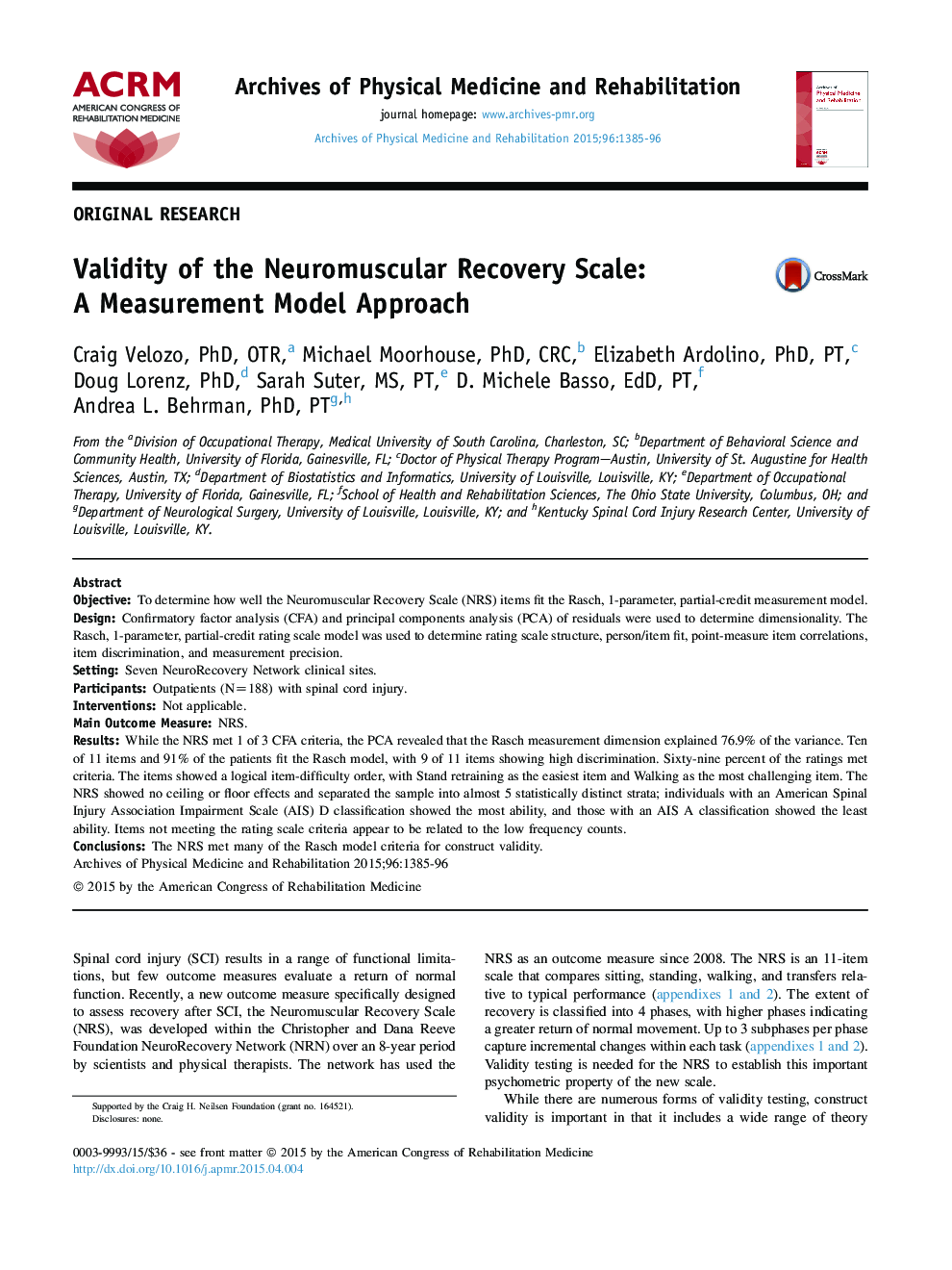 Validity of the Neuromuscular Recovery Scale: A Measurement Model Approach 