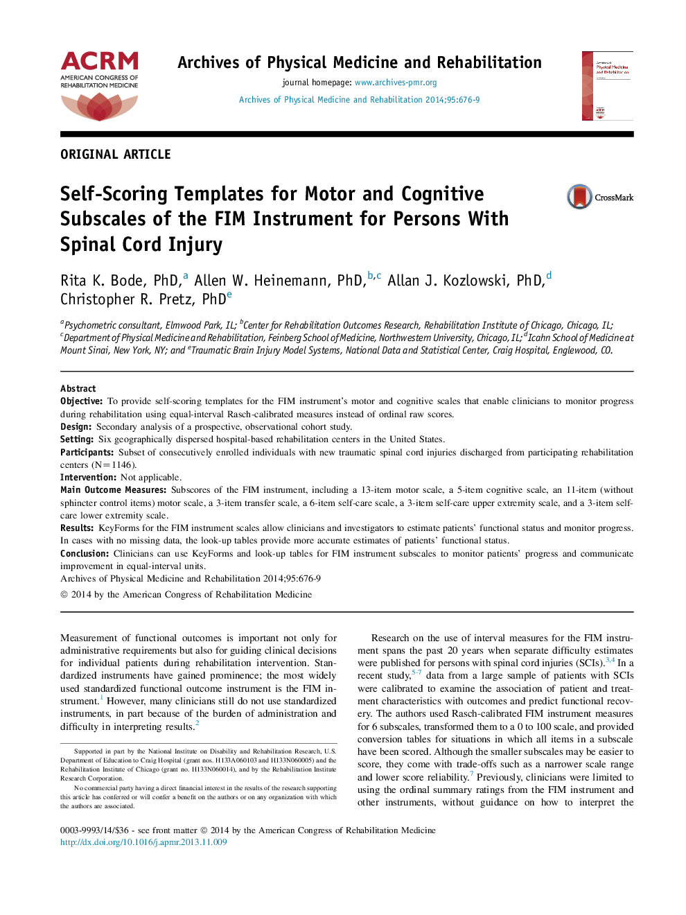 Self-Scoring Templates for Motor and Cognitive Subscales of the FIM Instrument for Persons With Spinal Cord Injury