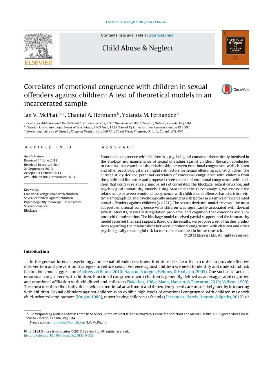 Correlates of emotional congruence with children in sexual offenders against children: A test of theoretical models in an incarcerated sample