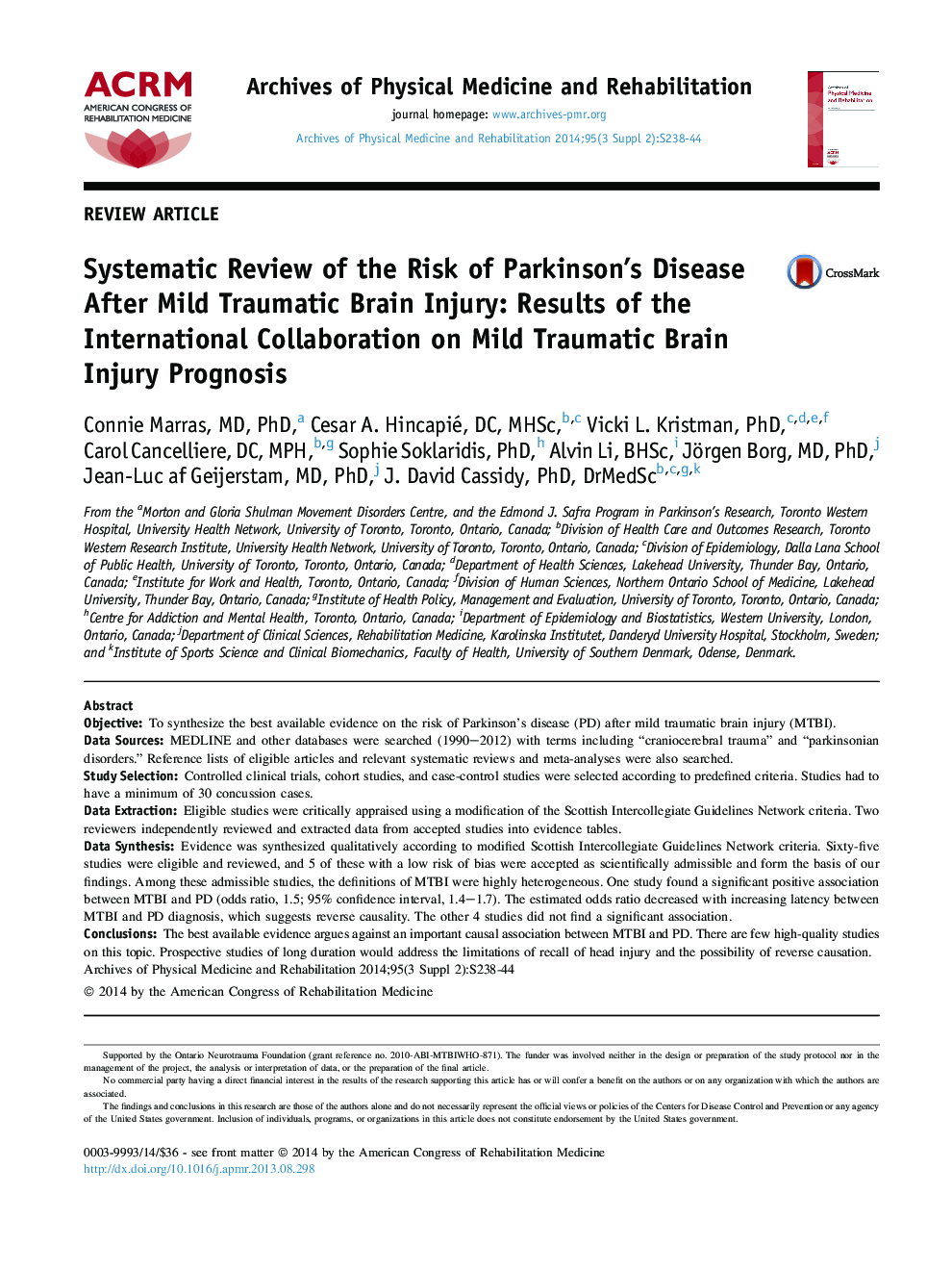Systematic Review of the Risk of Parkinson's Disease After Mild Traumatic Brain Injury: Results of the International Collaboration on Mild Traumatic Brain Injury Prognosis 