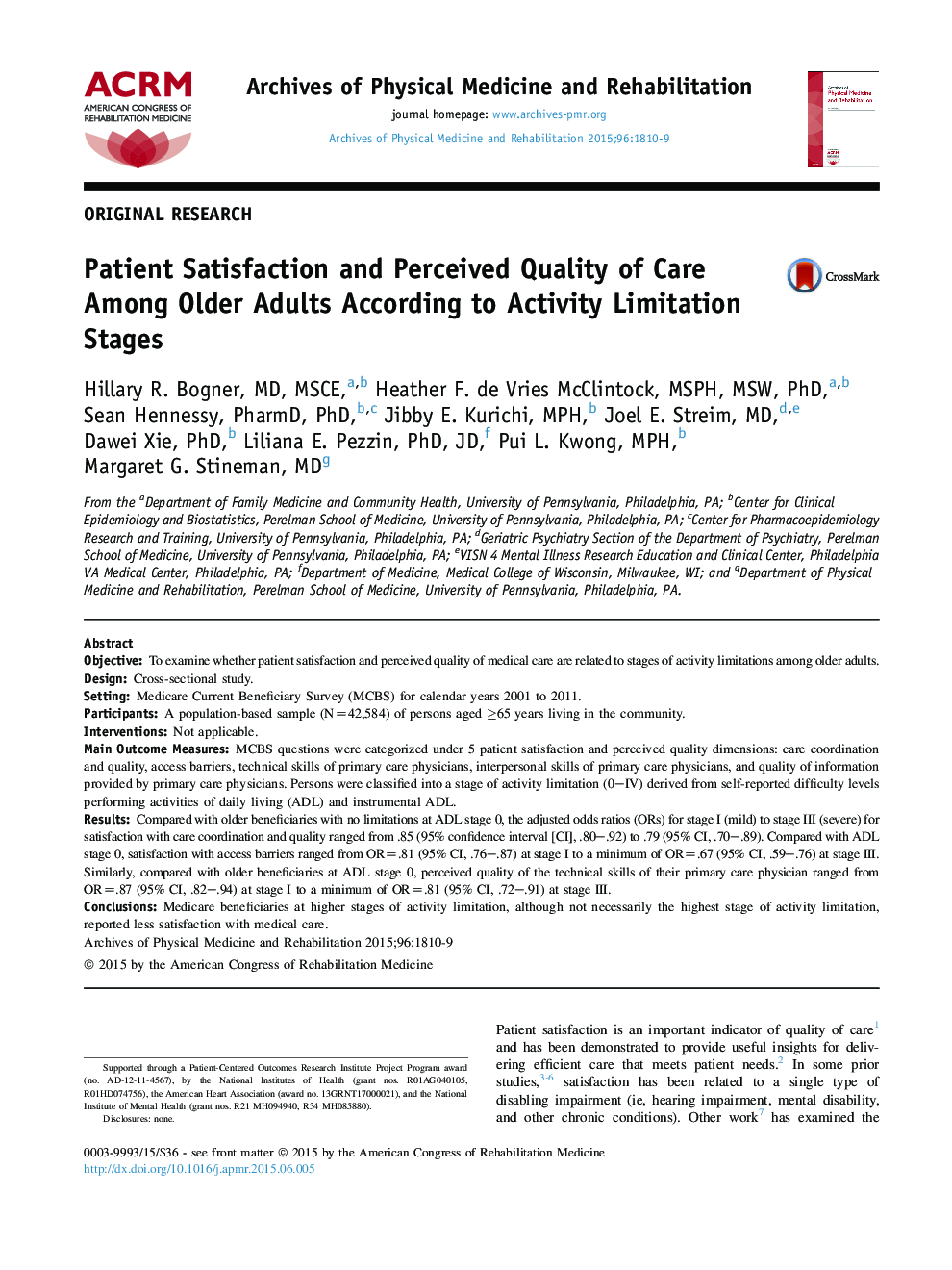 Patient Satisfaction and Perceived Quality of Care Among Older Adults According to Activity Limitation Stages 