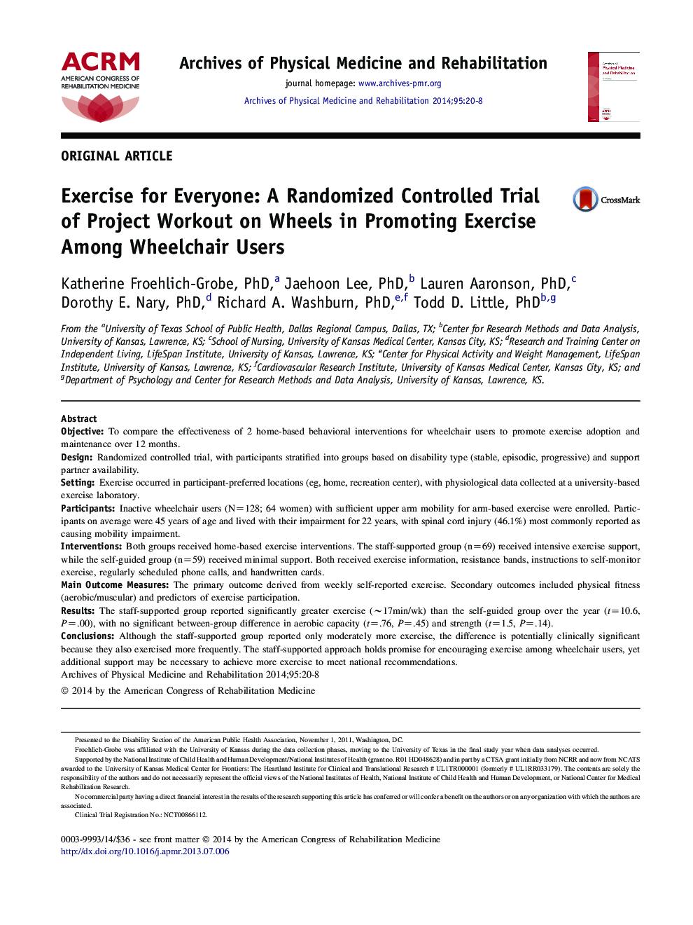 Exercise for Everyone: A Randomized Controlled Trial of Project Workout on Wheels in Promoting Exercise Among Wheelchair Users 