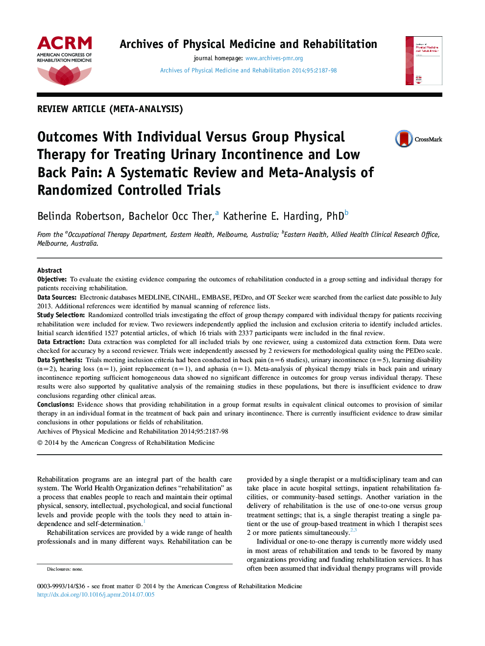 Outcomes With Individual Versus Group Physical Therapy for Treating Urinary Incontinence and Low Back Pain: A Systematic Review and Meta-Analysis of Randomized Controlled Trials 