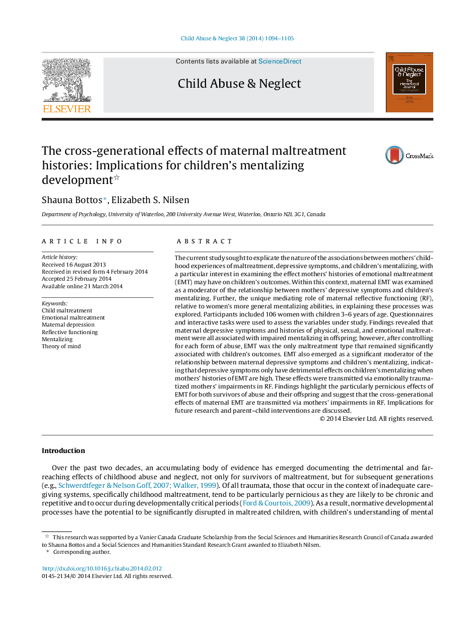 TEMPORARY REMOVAL: The cross-generational effects of maternal maltreatment histories: Implications for children's mentalizing development