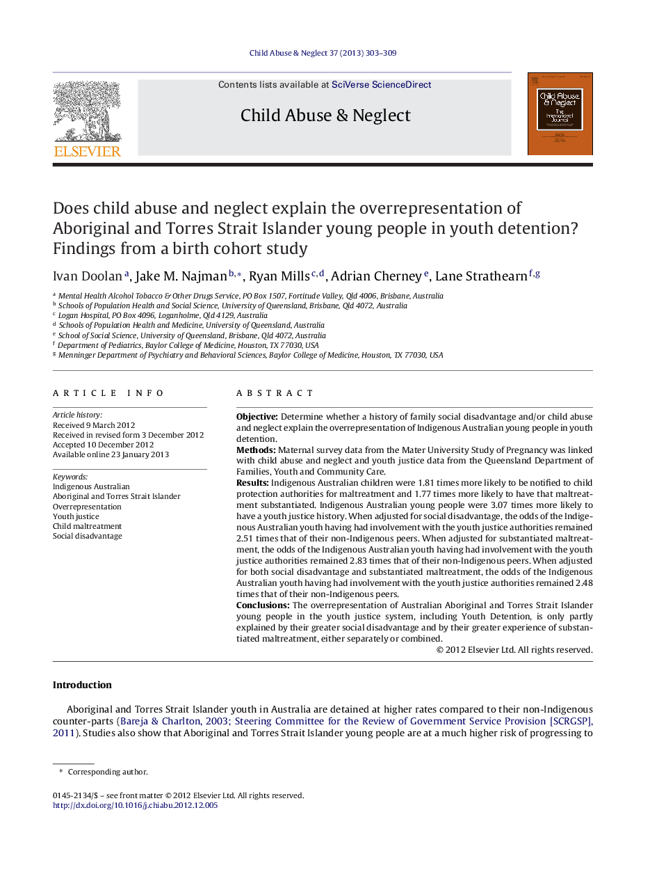 Does child abuse and neglect explain the overrepresentation of Aboriginal and Torres Strait Islander young people in youth detention? Findings from a birth cohort study