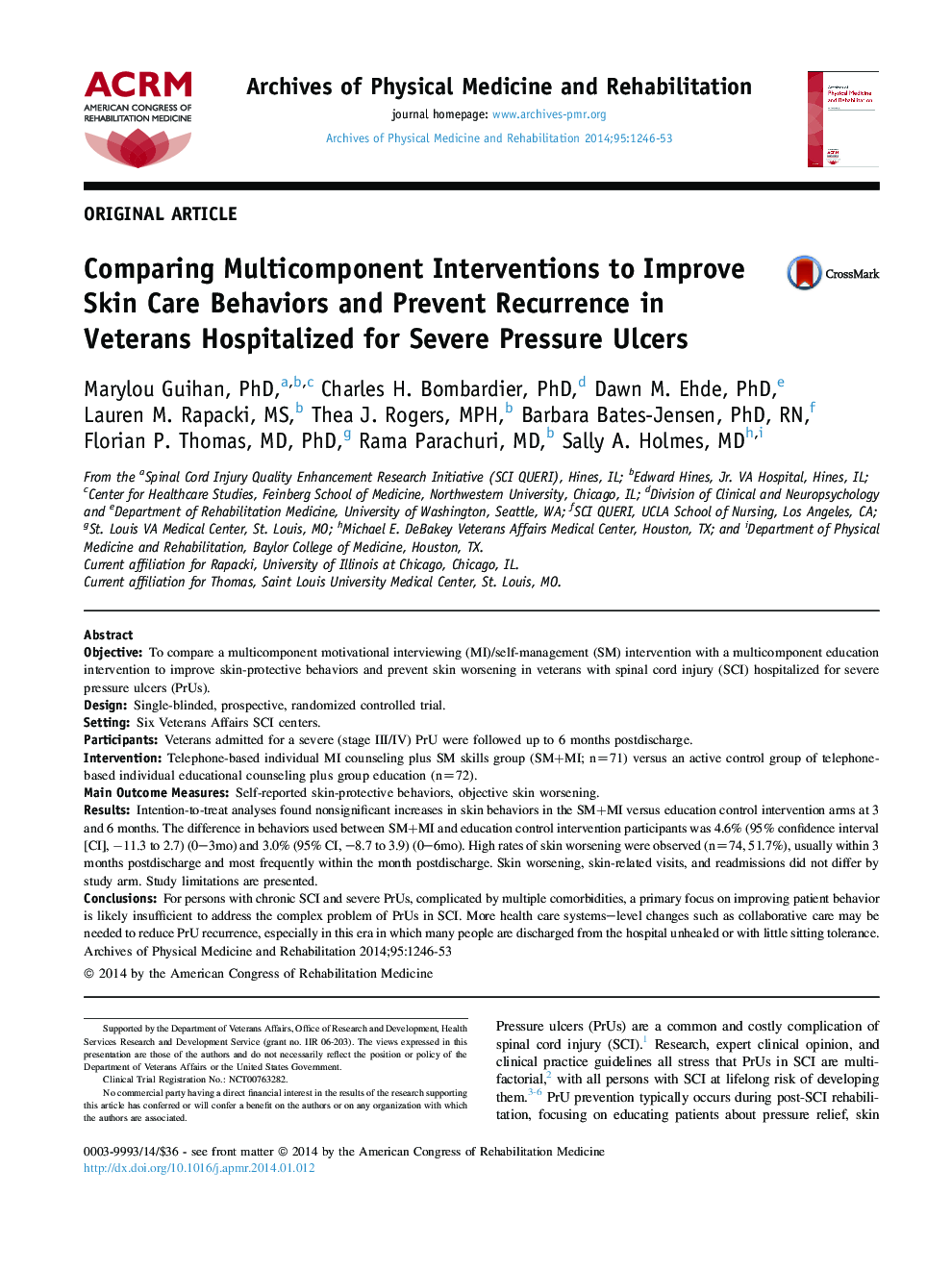 Comparing Multicomponent Interventions to Improve Skin Care Behaviors and Prevent Recurrence in Veterans Hospitalized for Severe Pressure Ulcers